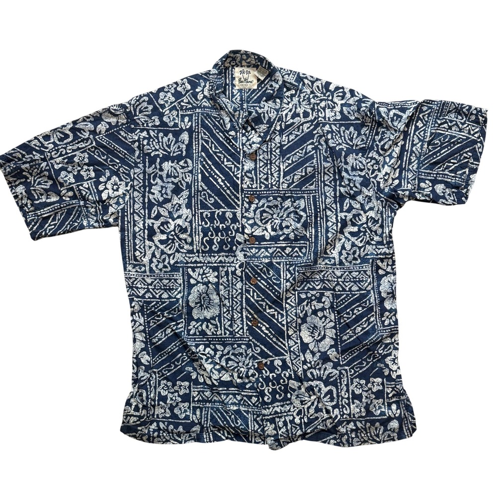 Pau Hana Hawaii Mens Blue Hawaiian Tropical Print Short Sleeve Size L